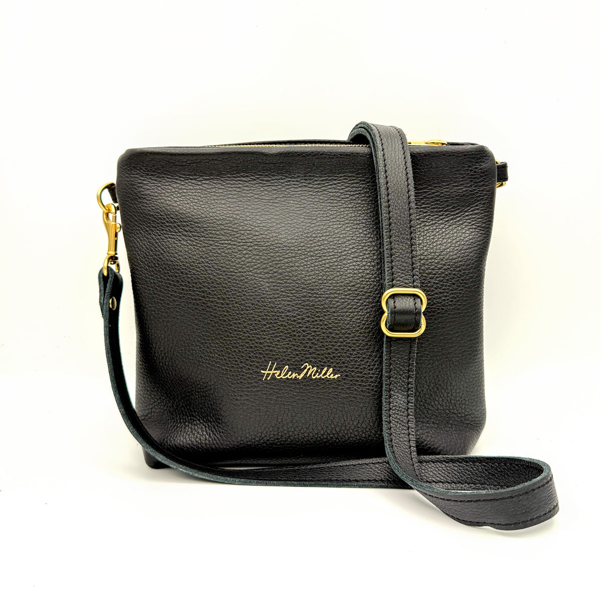 Black leather handbag with gold hardware made in New Zealand